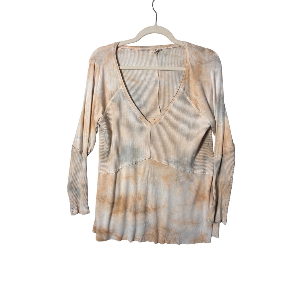 POL Womens V-Neck Top Medium Tan Blue Tie Dye Ribbed Knit Boho RCT961A